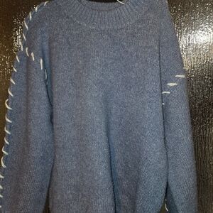 SHEIN Blue Crew Neck Sweater with White Stitching